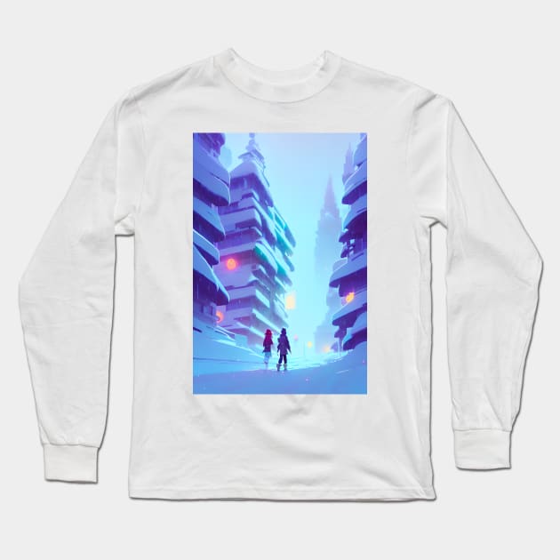 Anime Couple Snowy Street Lights Christmas Landscape Long Sleeve T-Shirt by Trendy-Now